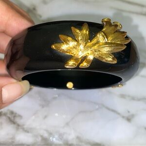 Vintage MONET BLACK LUCITE Gold BAMBOO LEAF  WIDE BRACELET BANGLE  RARE RUNWAY